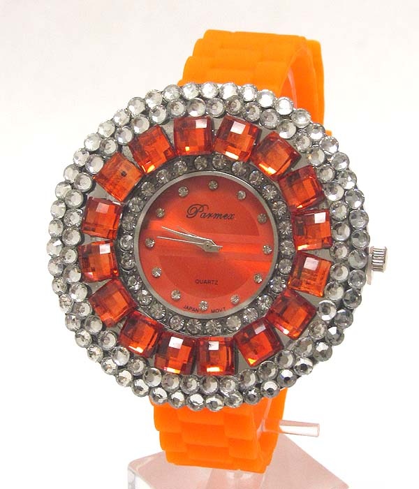 Full Round Flat Face Multi Size Crystal Frame Fashion Rubber Watch