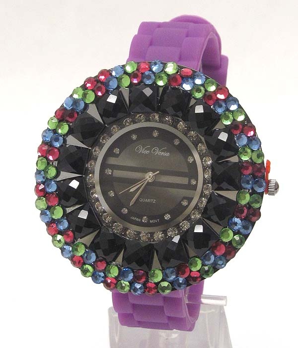 Full Round Flat Face Multi Size Crystal Frame Fashion Rubber Watch