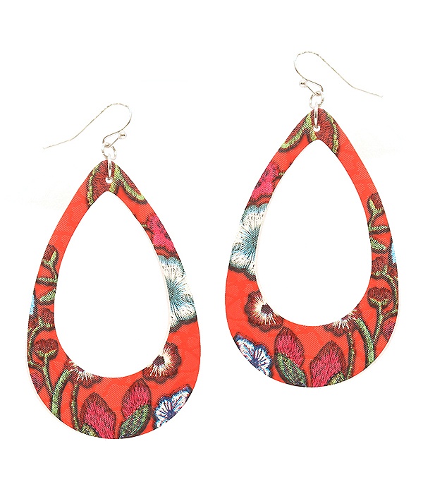 Flower Pattern Fabric Open Teardrop Earring
