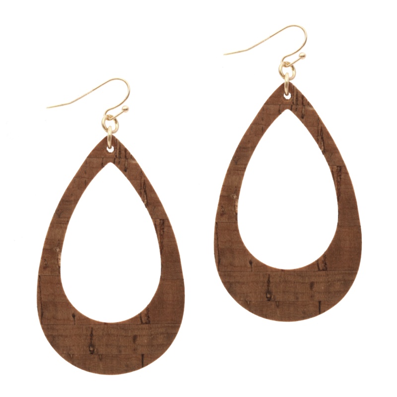 Cork Wood Print Leatherette Open Teardrop Earring