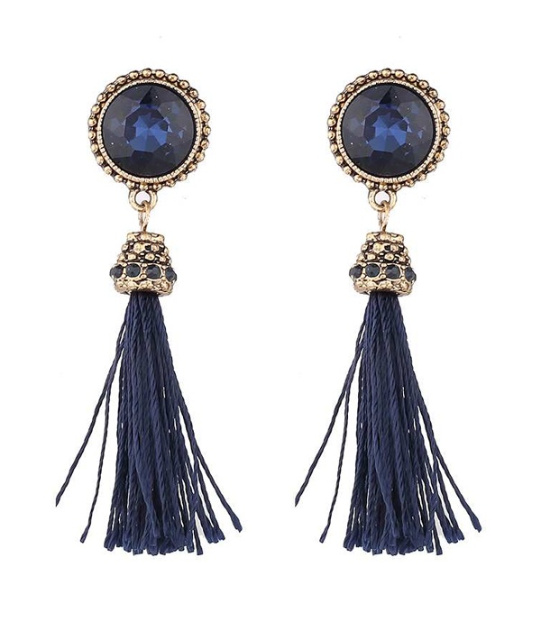 Round Facet Glass And Thread Tassel Drop Earring