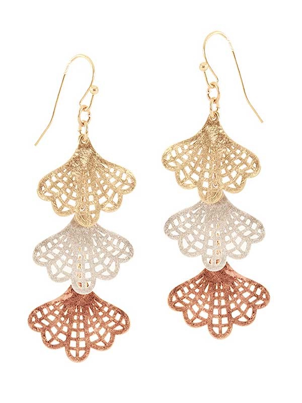 Metal Filigree Triple Ginkgo Tree Leaf Drop Earring