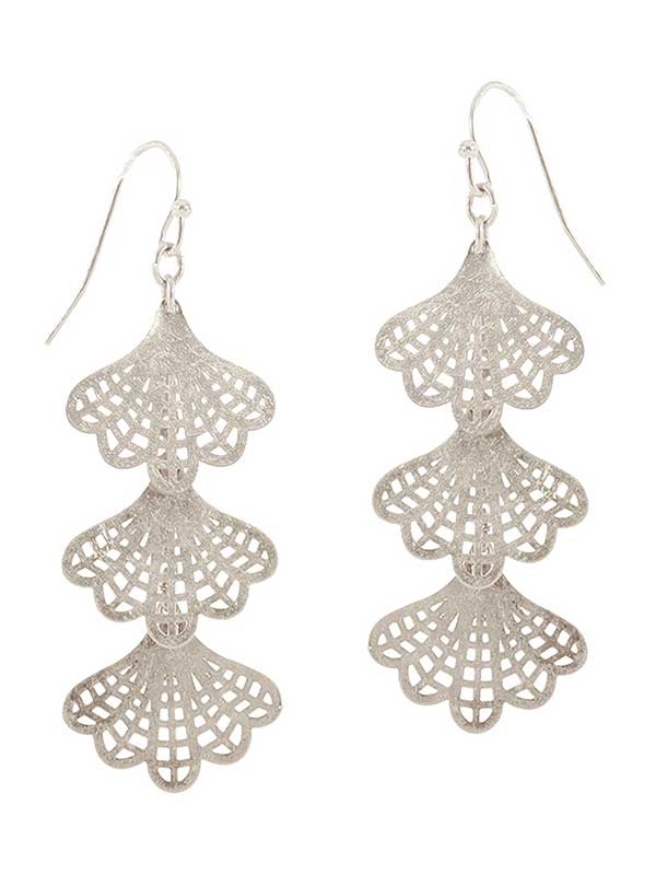Metal Filigree Triple Ginkgo Tree Leaf Drop Earring