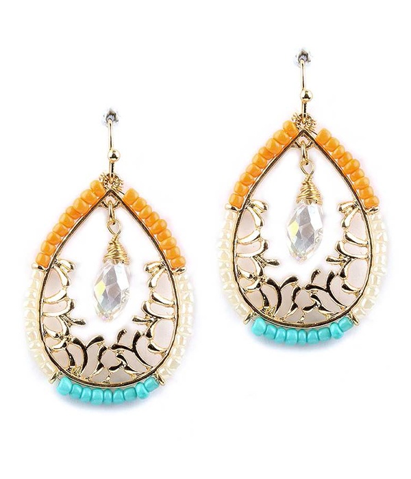 Metal Filigree And Bead Teardrop Earring