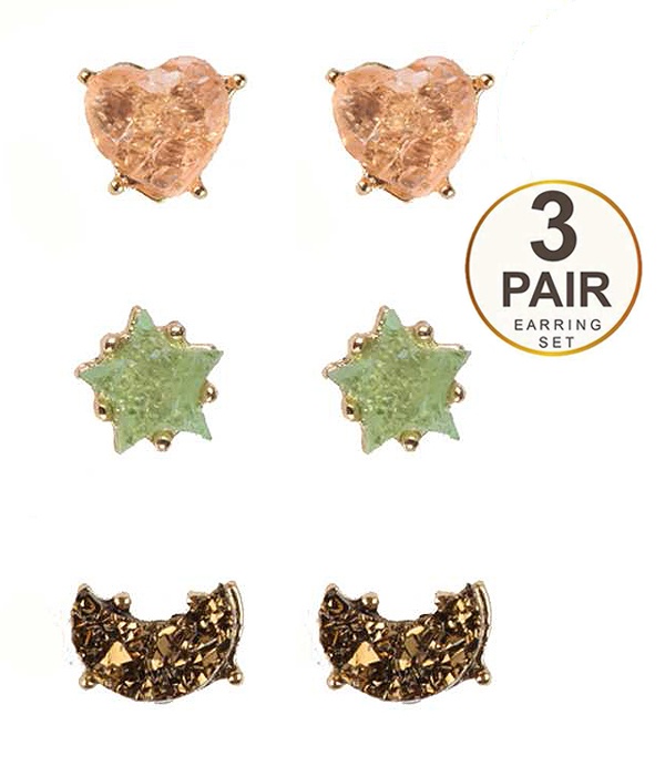 Druzy 3 Pair Earring Set - Heart Star Moon