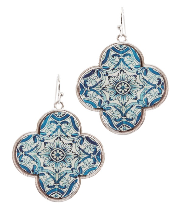 Moroccan Print Wood Quatrefoil Earring