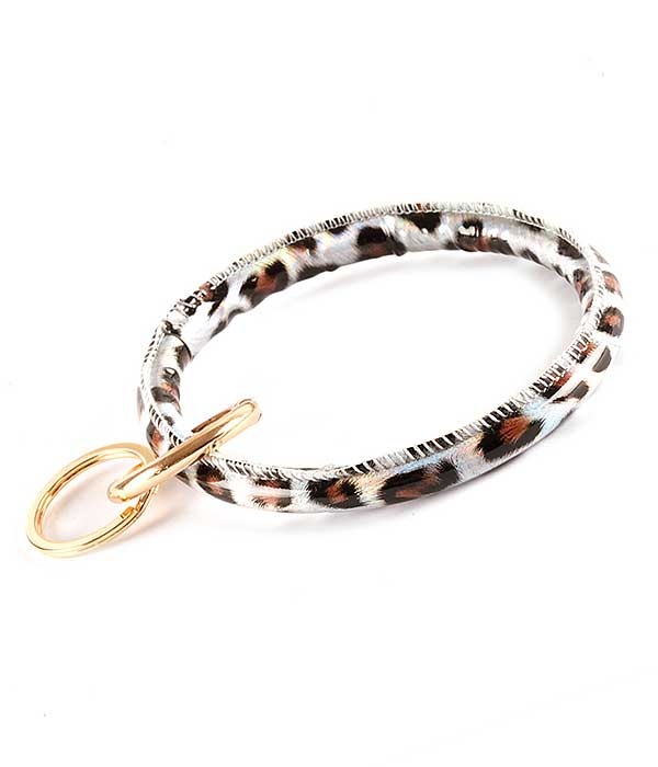 Keyring Leatherette Bangle Bracelet With Key Chain - Animal Print