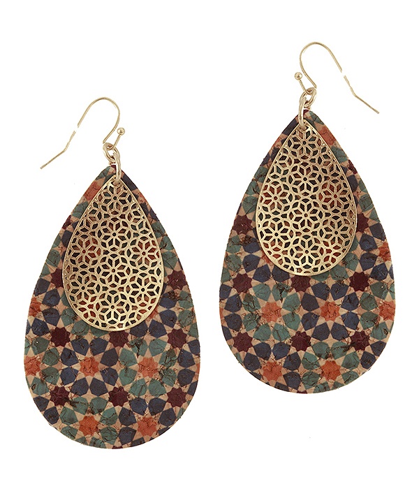 Morocan Pattern Cork And Metal Filigree Teardrop Earring