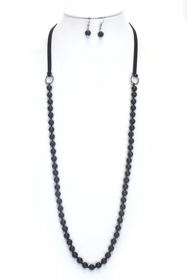 Multi Glass Bead And Leatherette Long Necklace Set