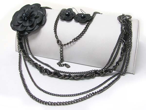 Flower Side Deco Multi Metal Chain Long Necklace Earring Set