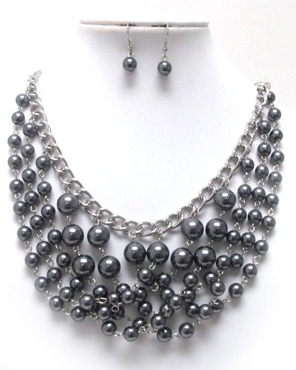 Multi Mixed Size Pearl Ball Bib Style Necklace Earring Set
