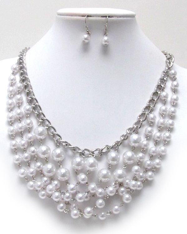 Multi Mixed Size Pearl Ball Bib Style Necklace Earring Set