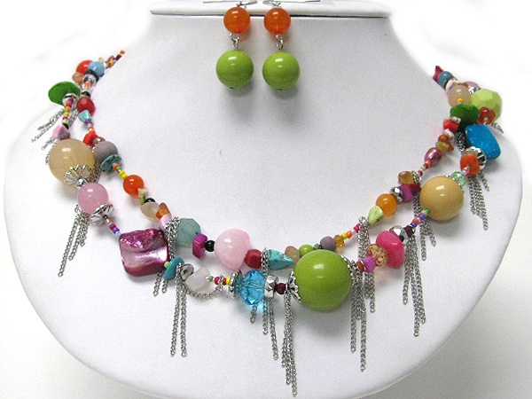 Multi Color And Material Mixed Bead And Chain Drop Double Chain Necklace Earring Set