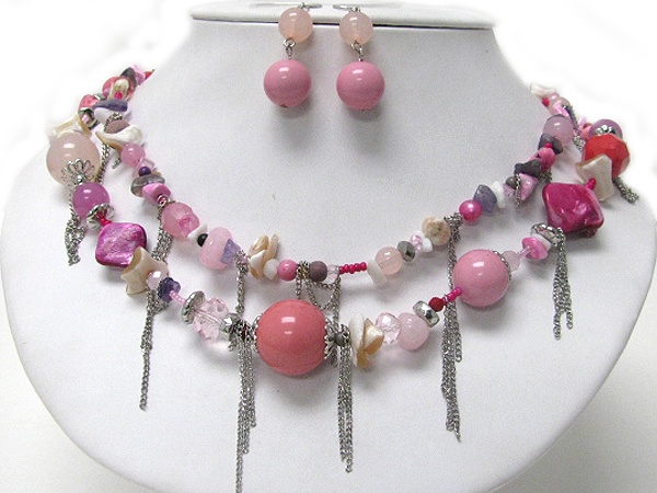 Multi Color And Material Mixed Bead And Chain Drop Double Chain Necklace Earring Set