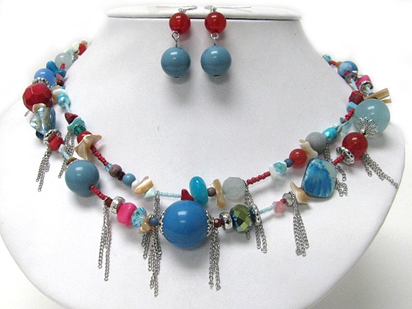 Multi Color And Material Mixed Bead And Chain Drop Double Chain Necklace Earring Set