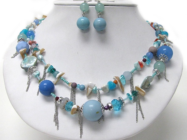 Multi Color And Material Mixed Bead And Chain Drop Double Chain Necklace Earring Set