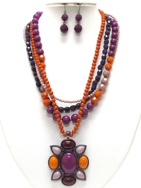 Boutique Style Stone And Beads Art Deco Medallion Multi Strand Necklace Earring Set