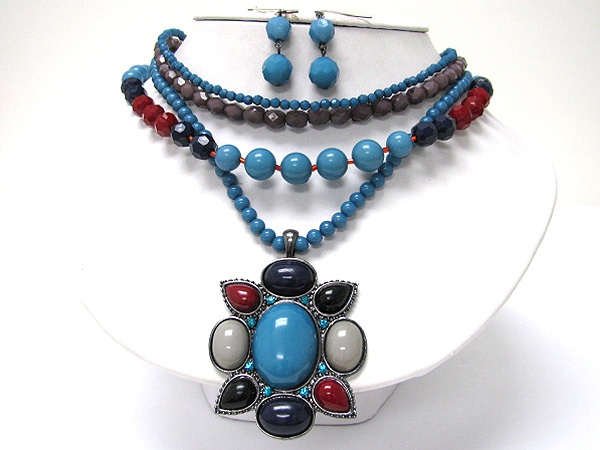 Boutique Style Stone And Beads Art Deco Medallion Multi Strand Necklace Earring Set