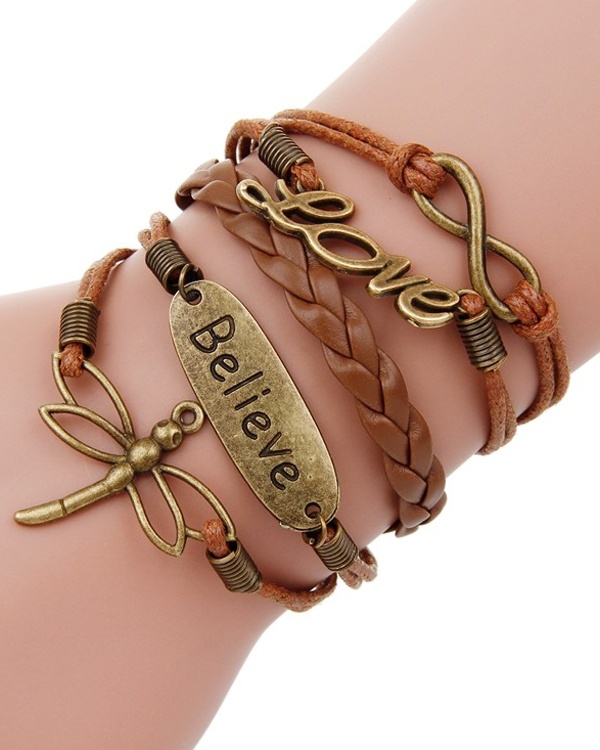 Multi Row Leatherette Wrap Bracelet - Dragonfly Believe Love