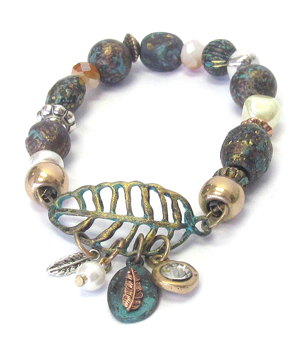 Vintage Rustic Metal Leaf And Multi Ball Bead Stretch Bracelet