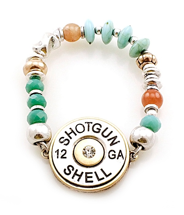 Western Style Multi Stone Bead Mix Stretch Bracelet - Shotgun Shell