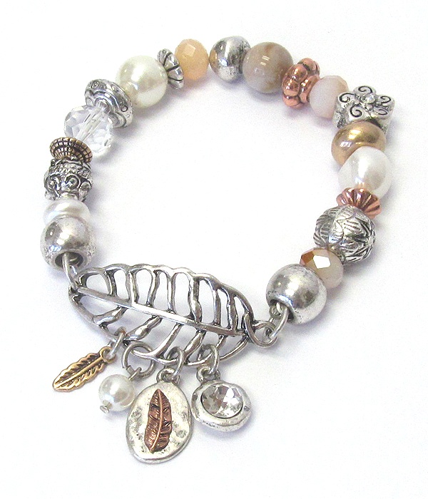 Mixed Multi Charm Stretch Bracelet - Leaf