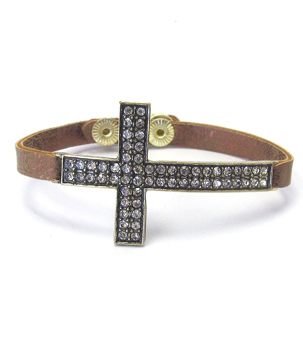 Crystal Stud Cross And Leather Band Bracelet