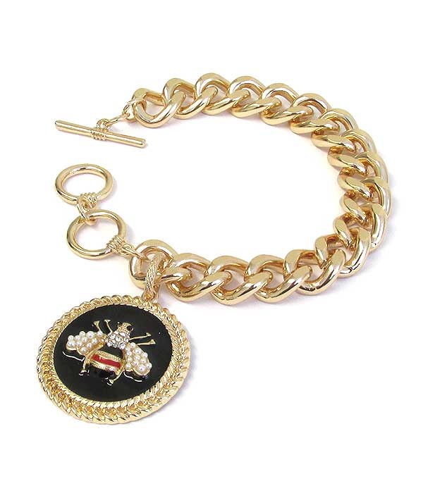 Crystal And Pearl Bee Charm Chunky Chain Toggle Bracelet