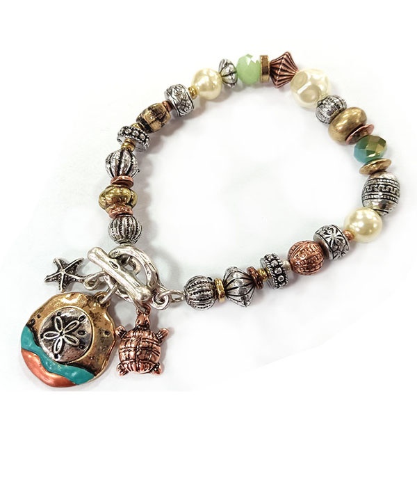 Patina And Burnish Tri Tone Retro Vintage Strtch Bracelet -Sand Dollar And Turtle