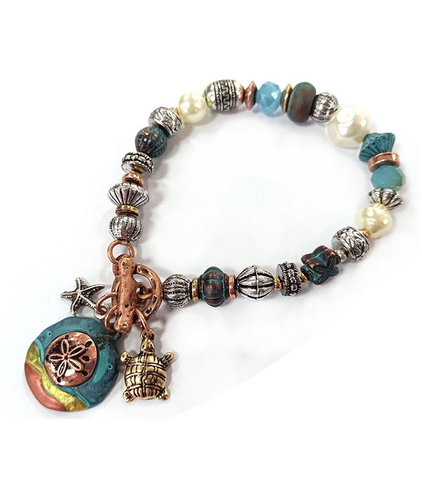 Patina And Burnish Tri Tone Retro Vintage Strtch Bracelet -Sand Dollar And Turtle