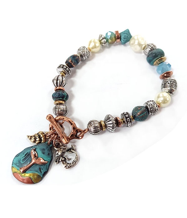 Patina And Burnish Tri Tone Retro Vintage Strtch Bracelet -Mermaid