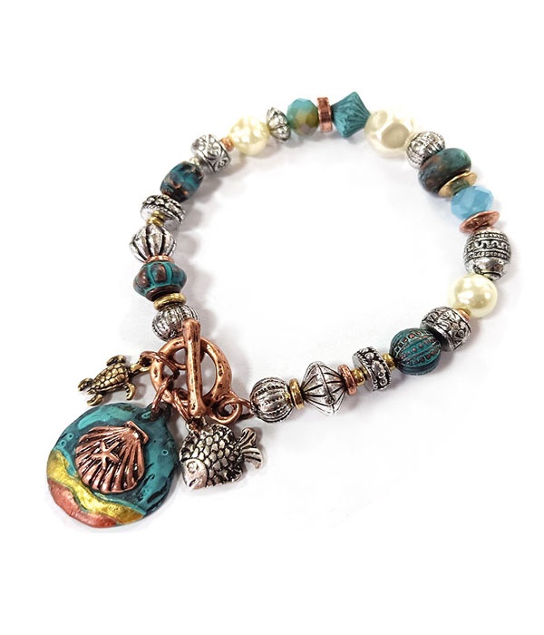 Patina And Burnish Tri Tone Retro Vintage Strtch Bracelet -Shell And Fish