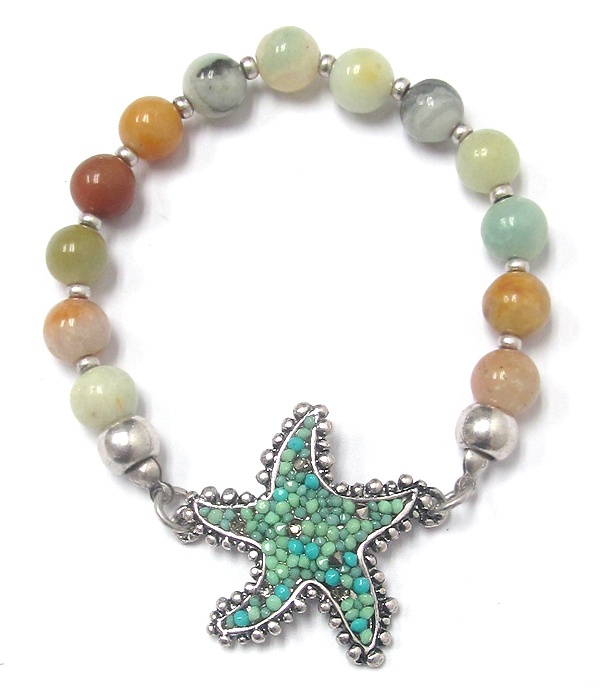 Seedbead Starfish And Ball Stone Stretch Bracelet