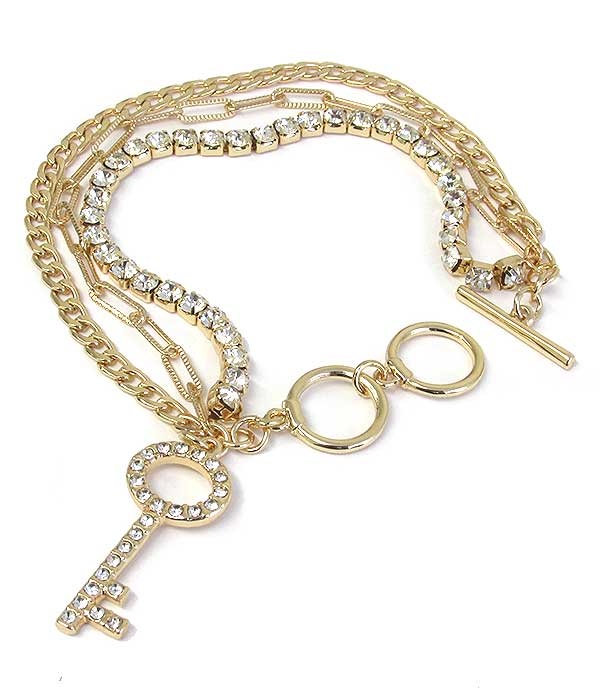 Key Charm And Triple Chain Mix Toggle Bracelet
