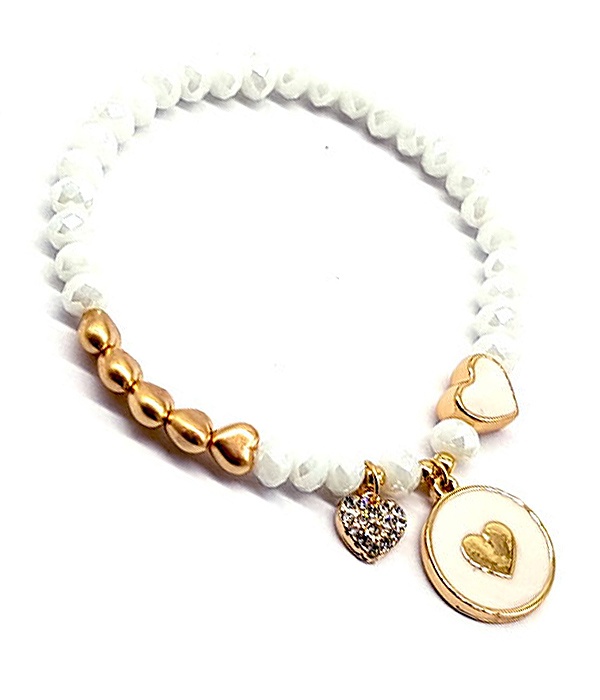 Heart Disc Charm Faceted Stone and Pearl Mix Stretch Bracelet
