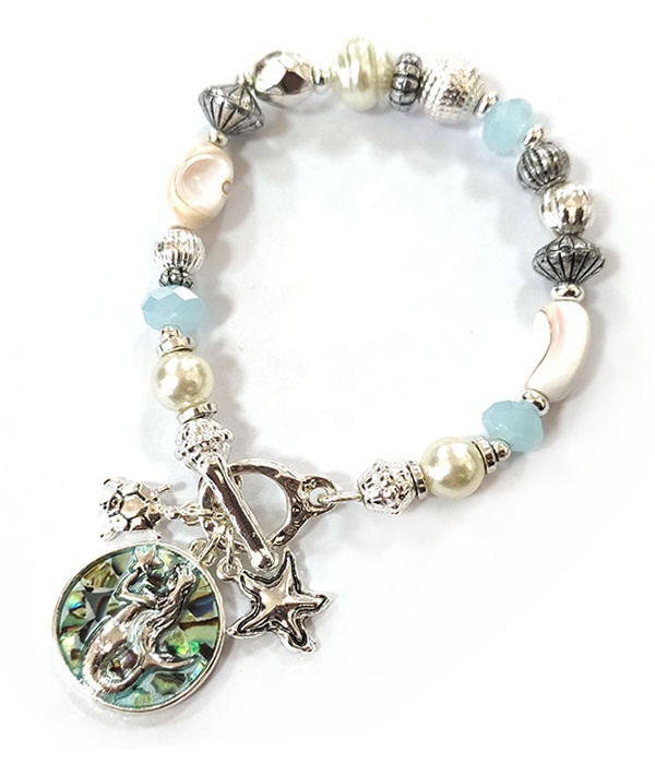 Sealife Theme Abalone Pendant And Multi Bead Mix Toggle Bracelet - Mermaid