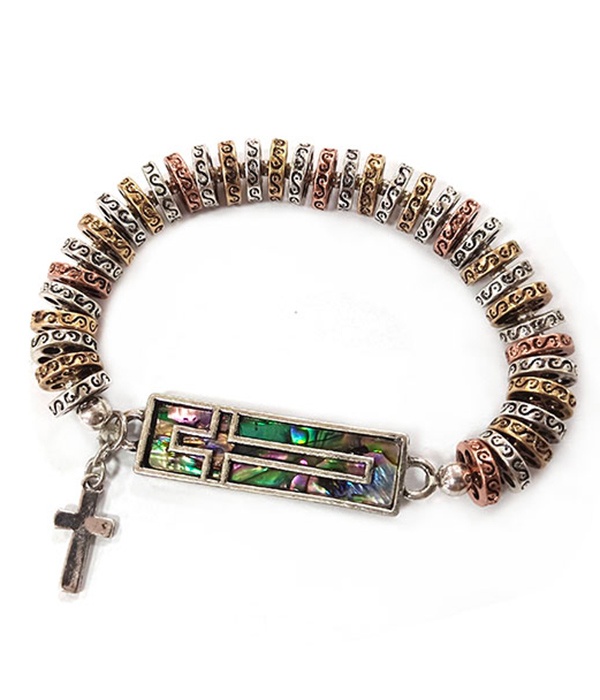 Abalone Cross Multi Metal Ring Stretch Bracelet
