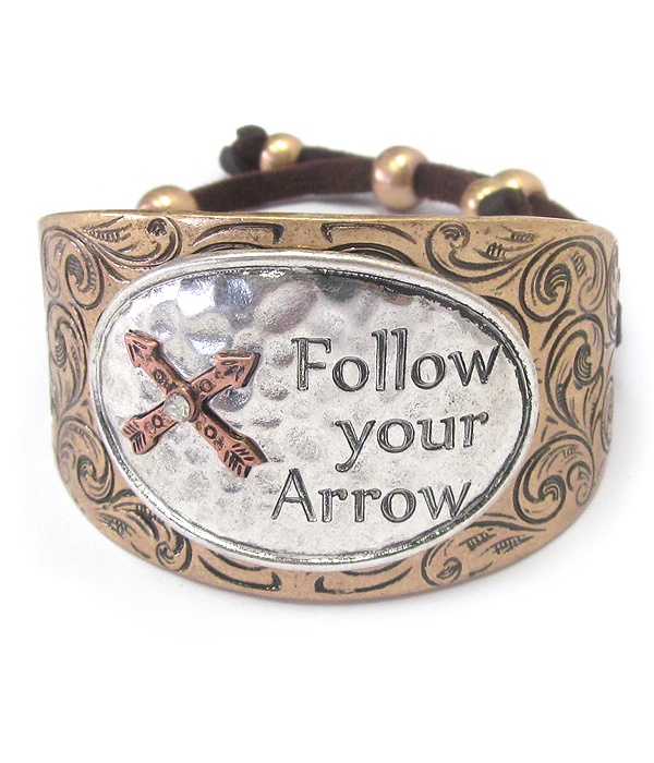 Textured Chunky Metal And Suede Pull Tie Bracelet - Follow Your Arrow