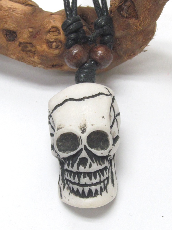 Taino Trribal Style Carved Horn Amulet Pendant Necklace - Skull