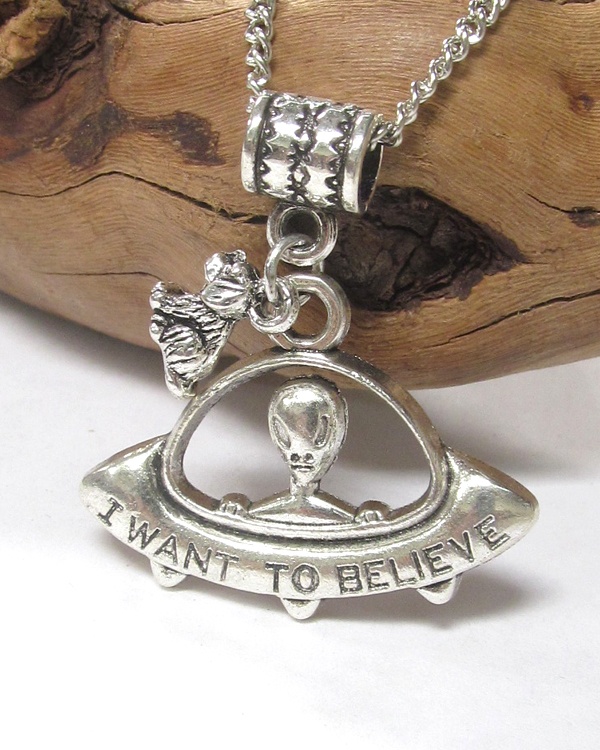 Antique Silver Ufo Alien Pendant Necklace