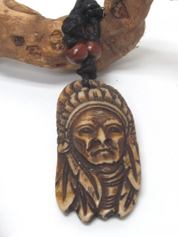 Taino Trribal Style Carved Horn Amulet Pendant Necklace - Indian Chief