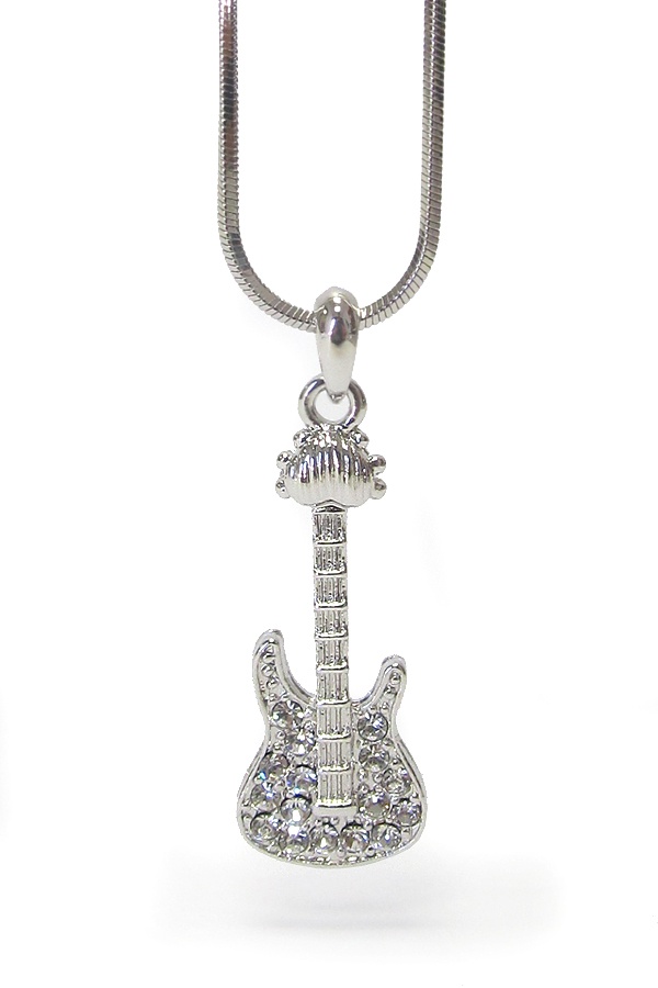 Made In Korea Whitegold Plating Crystal Music Theme Guitar Pendant Necklace
