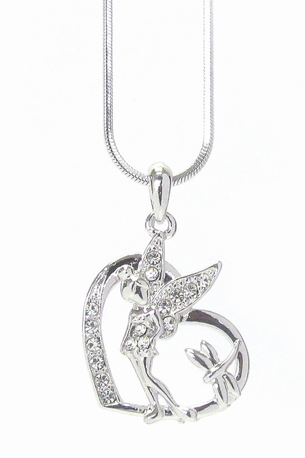 Made In Korea Whitegold Plating Crystal Fairy In Heart Pendant Necklace