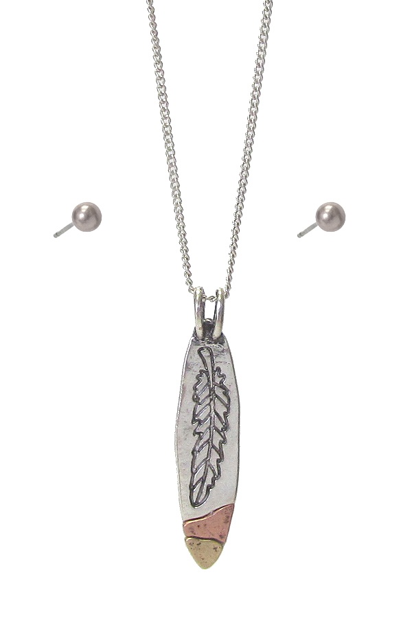 Feather Metal Bar Pendant Necklace Set