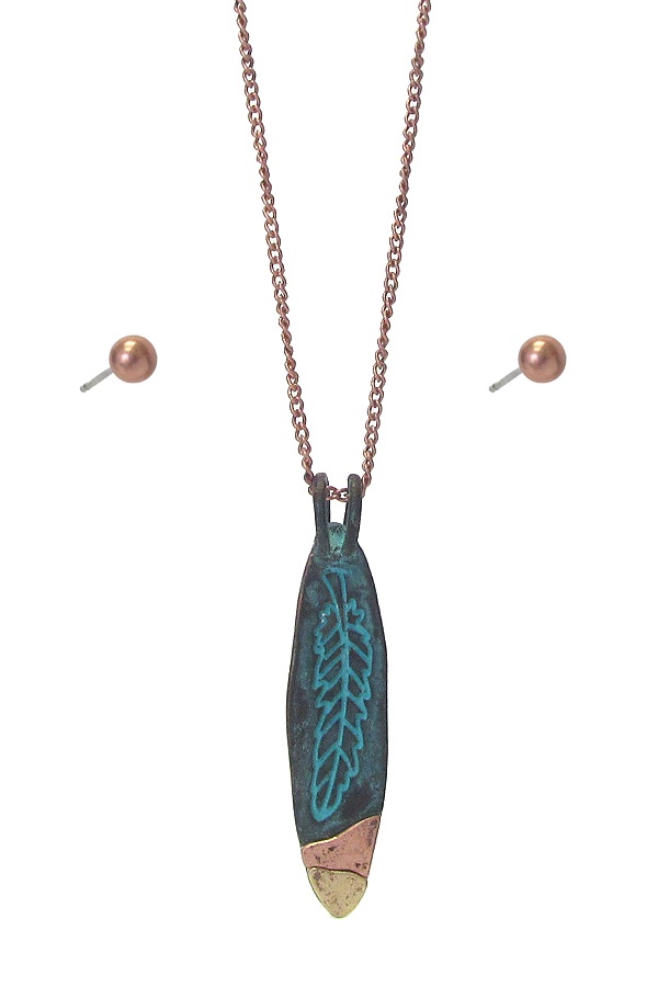 Feather Metal Bar Pendant Necklace Set
