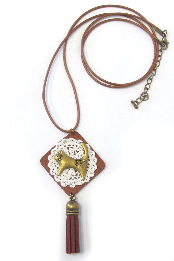 Handmade Retro Vintage Cat Lace And Leather Tassel Necklace