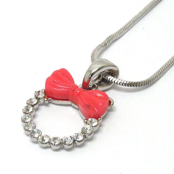 Made In Korea Whitegold Plating Ribbon And Crystal Stud Round Pendant Necklace