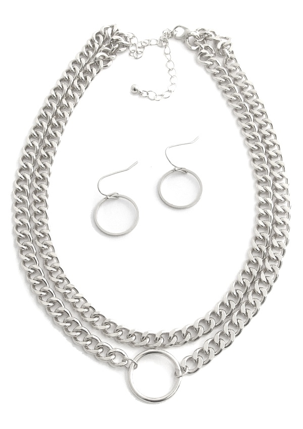 Ring Pendant Double Layer Chunky Metal Chain Necklace Set