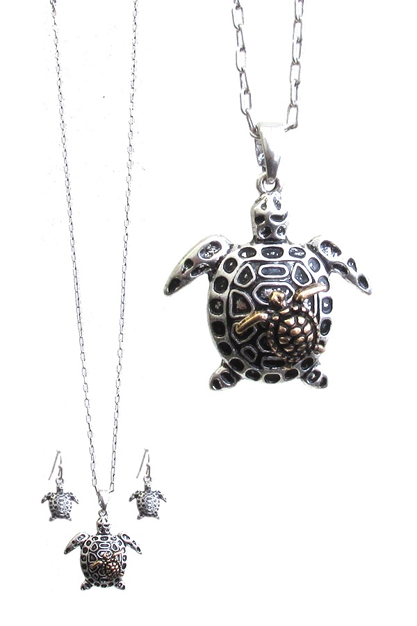 Sealife Theme Disc Pendant Necklace Set - Turtle