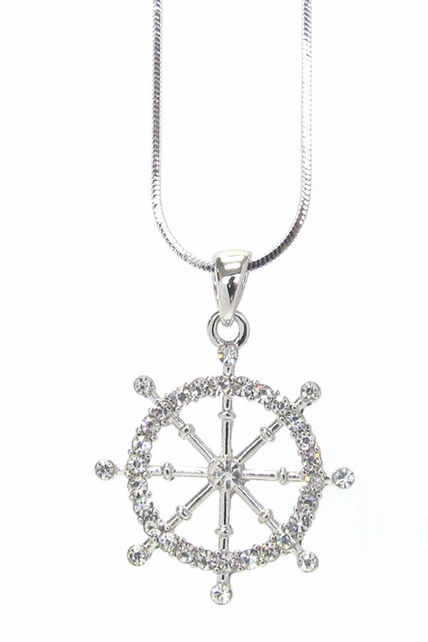 Made In Korea Whitegold Plating Crystal Nautical Wheel Pendant Necklace